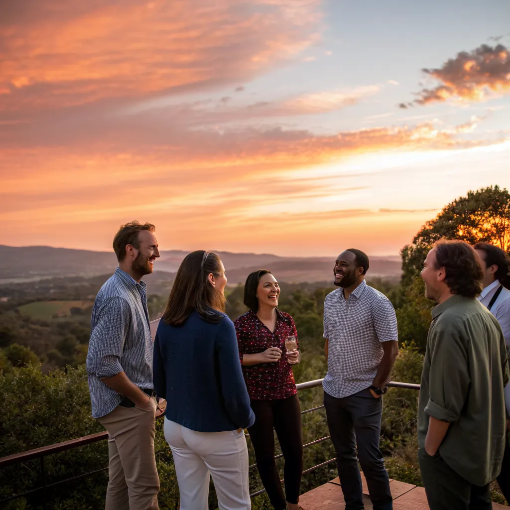 Retreat group gathering at sunset
